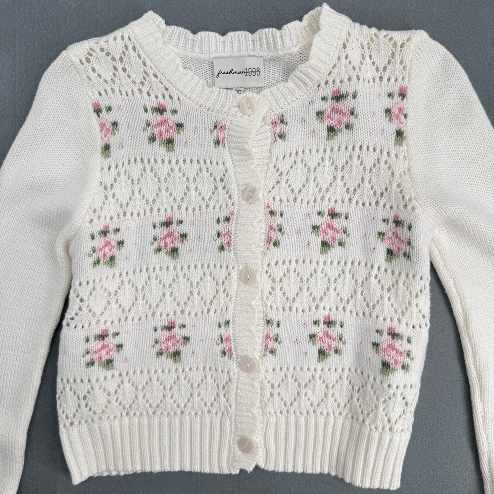 Freshman 1996 Floral Pointelle Knit Cropped Cardigan XS White Pink Coquette